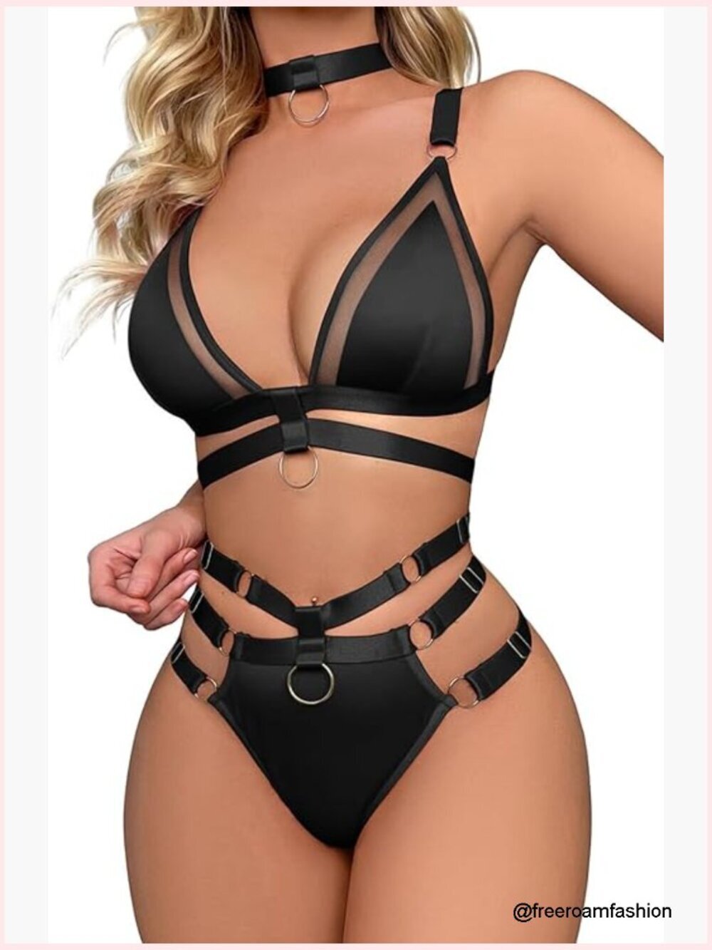 Wireless Choker O Ring Strappy Harness Lingerie Set 3 Piece Medium Slim Fit